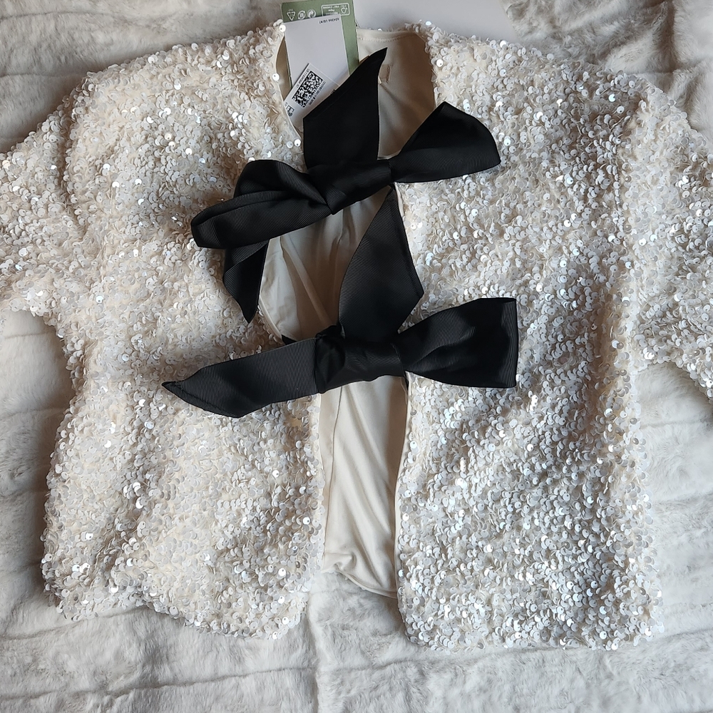 H&M Tie-front Sequined Jacket Off White/black bow sz S, M. BNWT - Picture 3 of 10